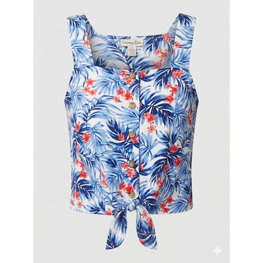 Caribbean‎ Joe Crop Tropical Floral Cotton Tie Front Tank Top M Beach Resort